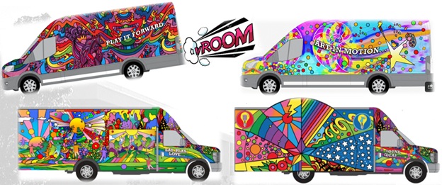 Colorful vans used to bring fun mental and physical health activities to youth.